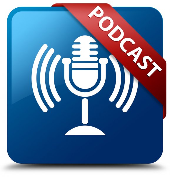 Podcast graphic- microphone with red banner which says podcast