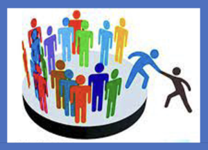 Graphic of a group of people welcoming someone new