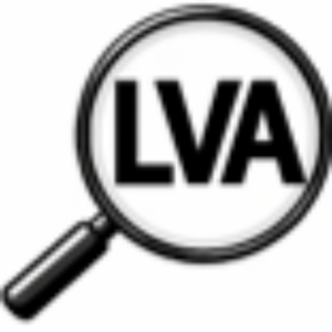 A black and white logo with a depiction of a round handheld magnifier with its handle pointing down diagonally to the left , displaying the letters LVA capitalized in bold black font within the magnifying glass.
