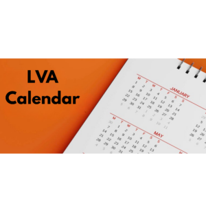 A rectangular image with the upper left corner of a calendar on the right side and the letters LVA and the word Calendar on the left side in black text on an orange background
